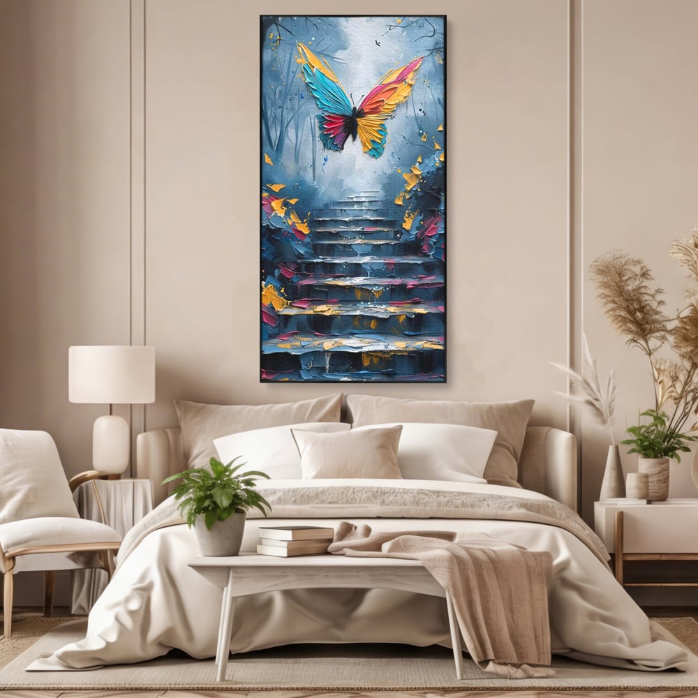Leinwand Premium Canvas Wandkunst, LuxCanva® M1128, Polychrome Leinwand Wandkunst, Stufen, mehrfarbig, Malerei, Treppe, Natur, Schmetterling, Insekt, Fliegen, Flügel, Symbolik, Aufstieg, Metamorphose, Büro, Wohnen, Kinderzimmer
