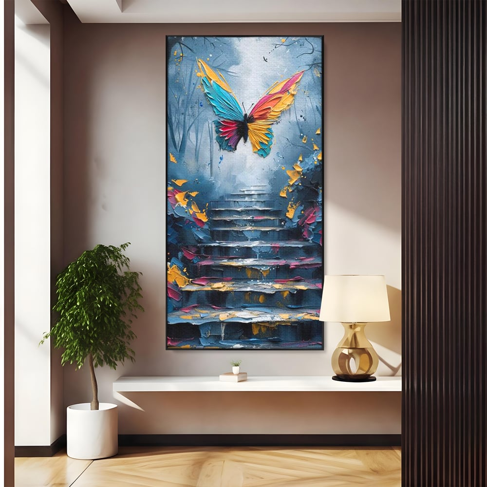 Leinwand Premium Canvas Wandkunst, LuxCanva® M1128, Polychrome Leinwand Wandkunst, Stufen, mehrfarbig, Malerei, Treppe, Natur, Schmetterling, Insekt, Fliegen, Flügel, Symbolik, Aufstieg, Metamorphose, Büro, Wohnen, Kinderzimmer