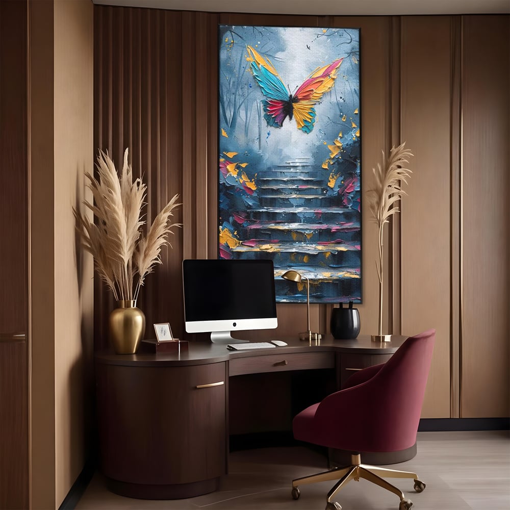 Leinwand Premium Canvas Wandkunst, LuxCanva® M1128, Polychrome Leinwand Wandkunst, Stufen, mehrfarbig, Malerei, Treppe, Natur, Schmetterling, Insekt, Fliegen, Flügel, Symbolik, Aufstieg, Metamorphose, Büro, Wohnen, Kinderzimmer