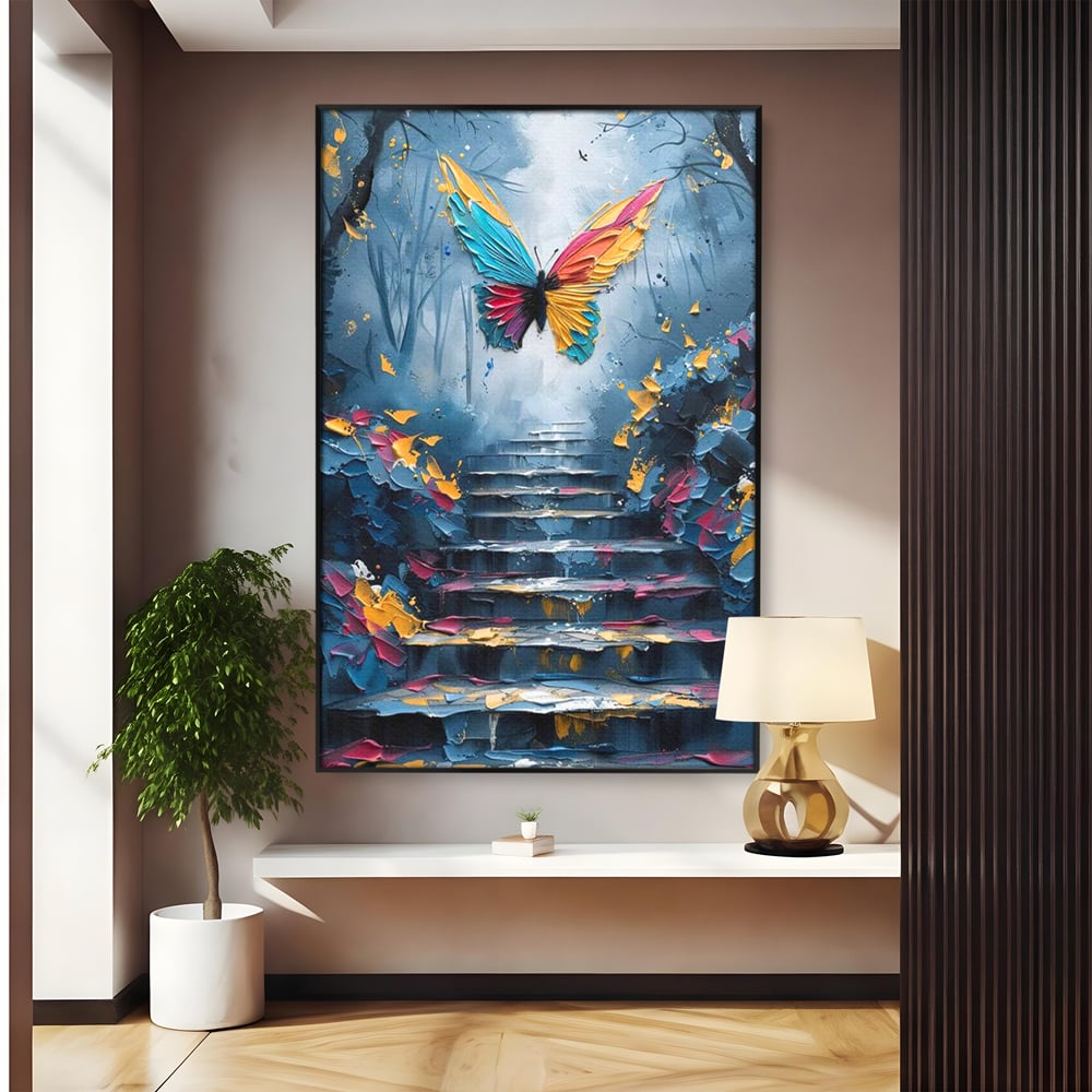 Leinwand Premium Canvas Wandkunst, LuxCanva® M1128, Polychrome Leinwand Wandkunst, Stufen, mehrfarbig, Malerei, Treppe, Natur, Schmetterling, Insekt, Fliegen, Flügel, Symbolik, Aufstieg, Metamorphose, Büro, Wohnen, Kinderzimmer