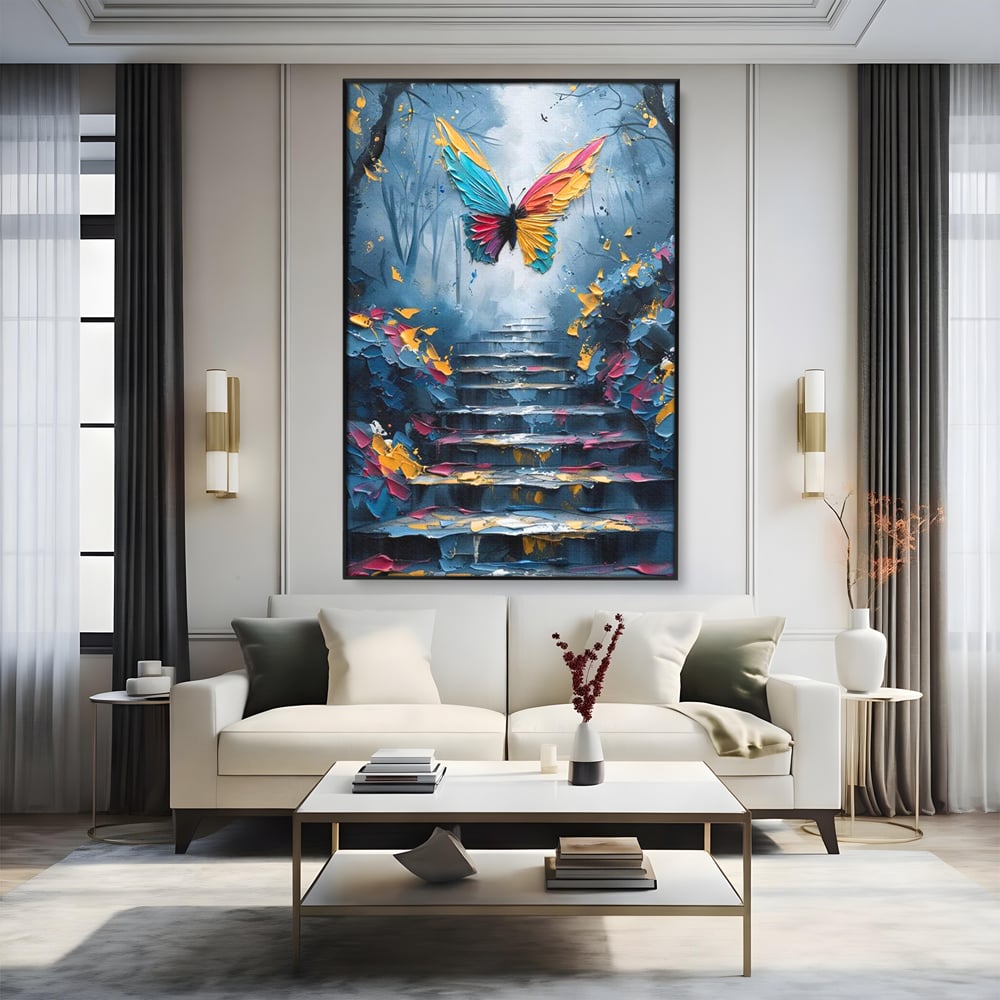 Leinwand Premium Canvas Wandkunst, LuxCanva® M1128, Polychrome Leinwand Wandkunst, Stufen, mehrfarbig, Malerei, Treppe, Natur, Schmetterling, Insekt, Fliegen, Flügel, Symbolik, Aufstieg, Metamorphose, Büro, Wohnen, Kinderzimmer