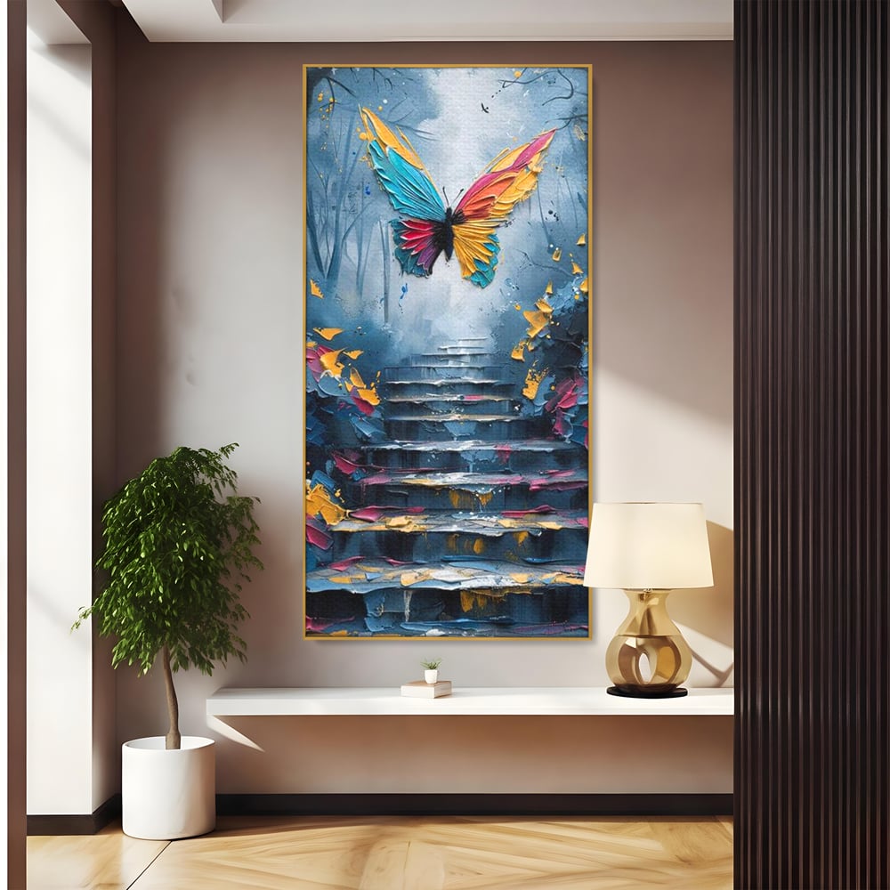 Leinwand Premium Canvas Wandkunst, LuxCanva® M1128, Polychrome Leinwand Wandkunst, Stufen, mehrfarbig, Malerei, Treppe, Natur, Schmetterling, Insekt, Fliegen, Flügel, Symbolik, Aufstieg, Metamorphose, Büro, Wohnen, Kinderzimmer
