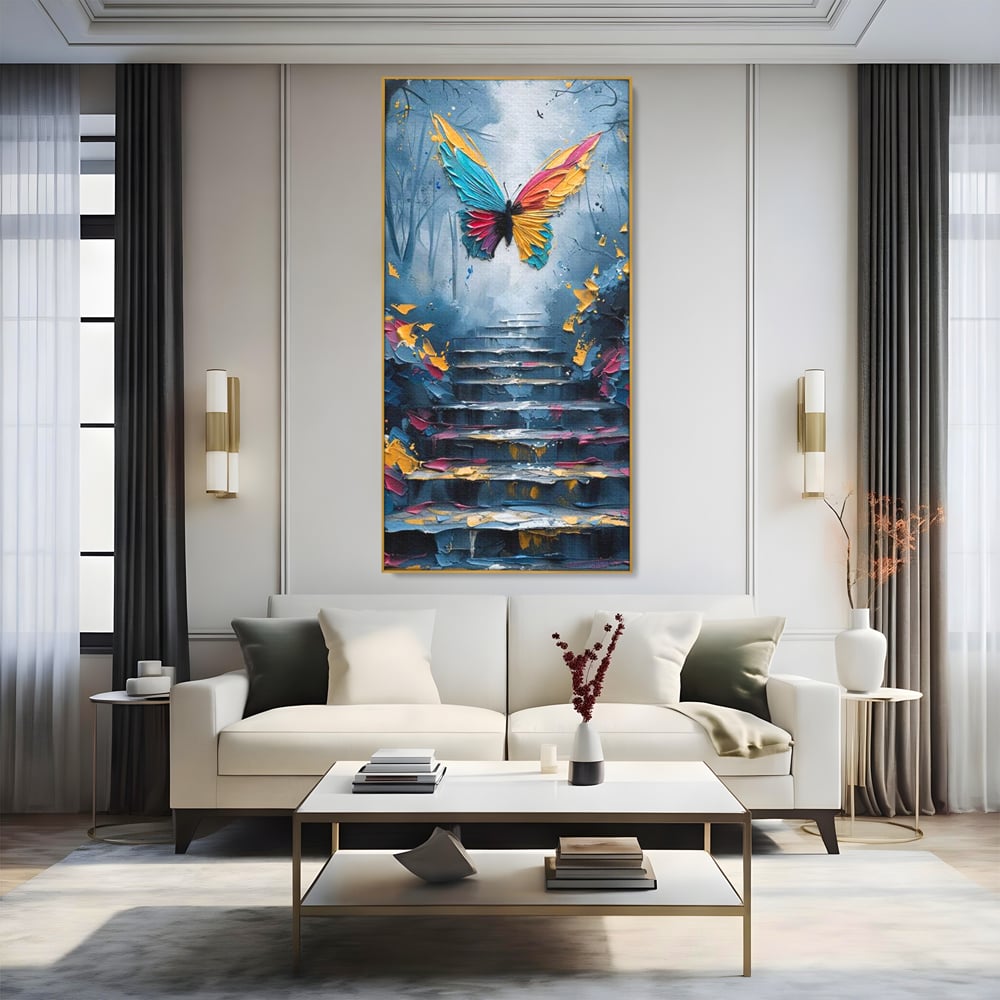Leinwand Premium Canvas Wandkunst, LuxCanva® M1128, Polychrome Leinwand Wandkunst, Stufen, mehrfarbig, Malerei, Treppe, Natur, Schmetterling, Insekt, Fliegen, Flügel, Symbolik, Aufstieg, Metamorphose, Büro, Wohnen, Kinderzimmer