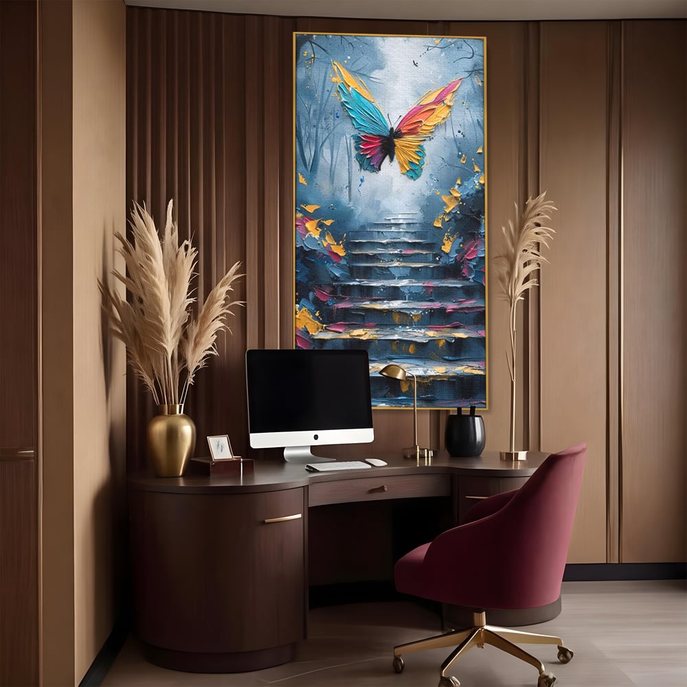 Leinwand Premium Canvas Wandkunst, LuxCanva® M1128, Polychrome Leinwand Wandkunst, Stufen, mehrfarbig, Malerei, Treppe, Natur, Schmetterling, Insekt, Fliegen, Flügel, Symbolik, Aufstieg, Metamorphose, Büro, Wohnen, Kinderzimmer