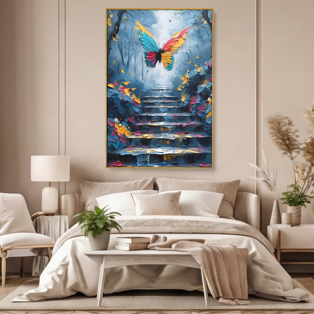 Leinwand Premium Canvas Wandkunst, LuxCanva® M1128, Polychrome Leinwand Wandkunst, Stufen, mehrfarbig, Malerei, Treppe, Natur, Schmetterling, Insekt, Fliegen, Flügel, Symbolik, Aufstieg, Metamorphose, Büro, Wohnen, Kinderzimmer