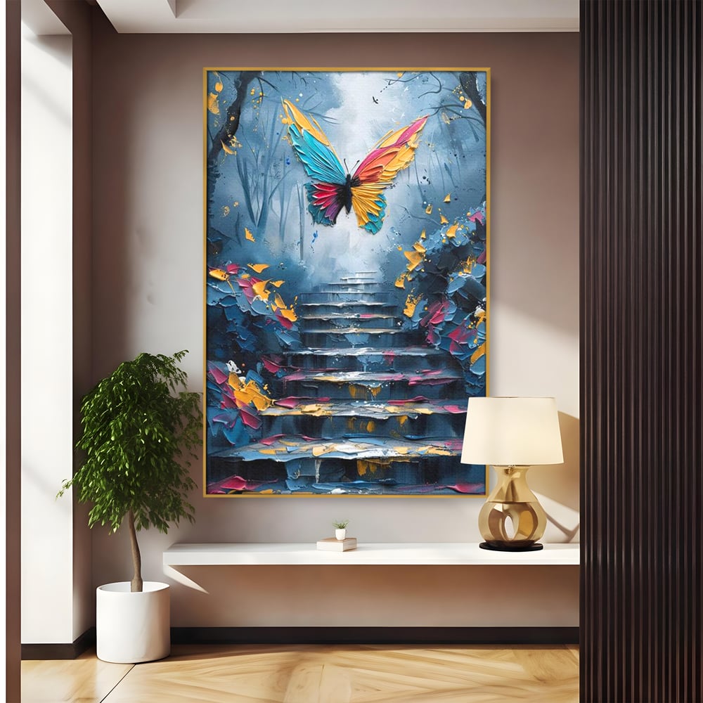 Leinwand Premium Canvas Wandkunst, LuxCanva® M1128, Polychrome Leinwand Wandkunst, Stufen, mehrfarbig, Malerei, Treppe, Natur, Schmetterling, Insekt, Fliegen, Flügel, Symbolik, Aufstieg, Metamorphose, Büro, Wohnen, Kinderzimmer