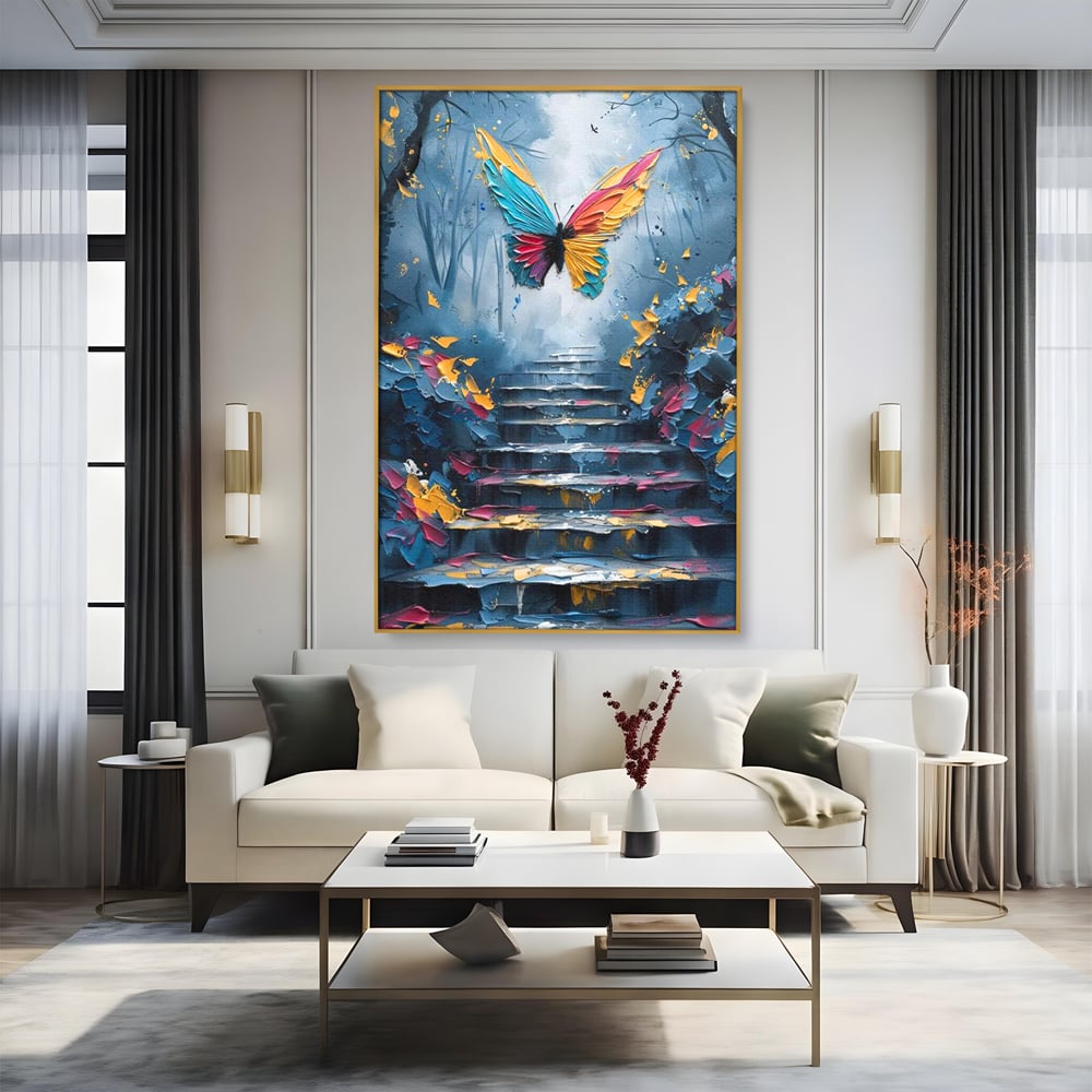 Leinwand Premium Canvas Wandkunst, LuxCanva® M1128, Polychrome Leinwand Wandkunst, Stufen, mehrfarbig, Malerei, Treppe, Natur, Schmetterling, Insekt, Fliegen, Flügel, Symbolik, Aufstieg, Metamorphose, Büro, Wohnen, Kinderzimmer