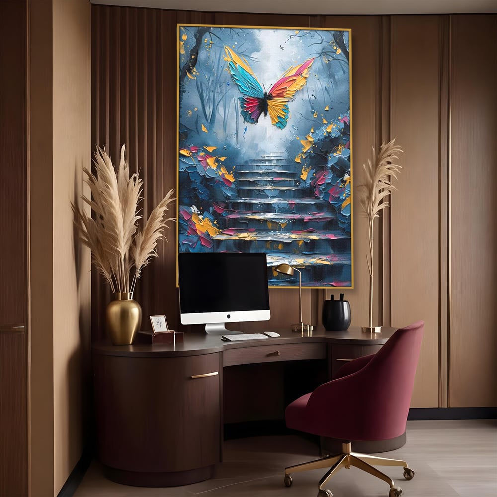Leinwand Premium Canvas Wandkunst, LuxCanva® M1128, Polychrome Leinwand Wandkunst, Stufen, mehrfarbig, Malerei, Treppe, Natur, Schmetterling, Insekt, Fliegen, Flügel, Symbolik, Aufstieg, Metamorphose, Büro, Wohnen, Kinderzimmer