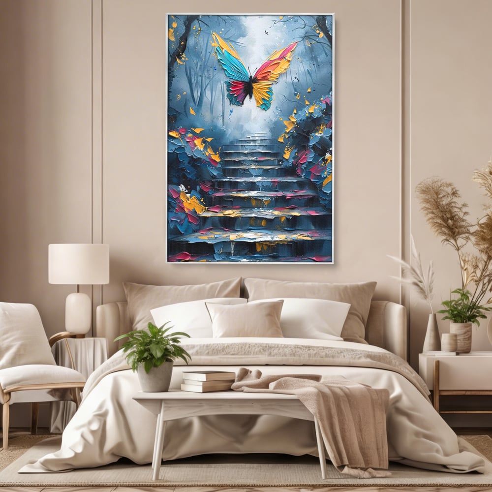 Leinwand Premium Canvas Wandkunst, LuxCanva® M1128, Polychrome Leinwand Wandkunst, Stufen, mehrfarbig, Malerei, Treppe, Natur, Schmetterling, Insekt, Fliegen, Flügel, Symbolik, Aufstieg, Metamorphose, Büro, Wohnen, Kinderzimmer