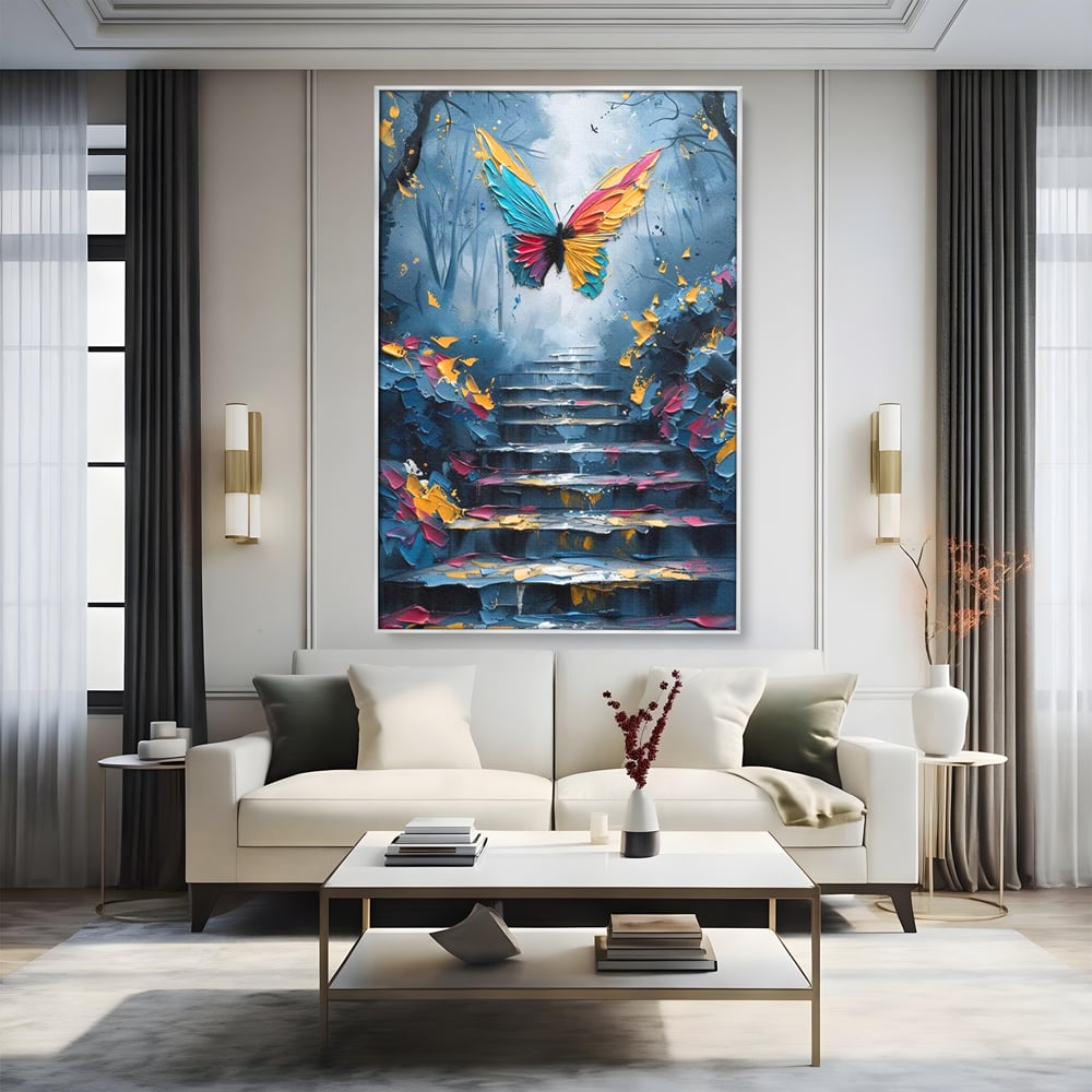 Leinwand Premium Canvas Wandkunst, LuxCanva® M1128, Polychrome Leinwand Wandkunst, Stufen, mehrfarbig, Malerei, Treppe, Natur, Schmetterling, Insekt, Fliegen, Flügel, Symbolik, Aufstieg, Metamorphose, Büro, Wohnen, Kinderzimmer