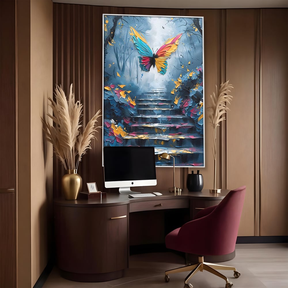 Leinwand Premium Canvas Wandkunst, LuxCanva® M1128, Polychrome Leinwand Wandkunst, Stufen, mehrfarbig, Malerei, Treppe, Natur, Schmetterling, Insekt, Fliegen, Flügel, Symbolik, Aufstieg, Metamorphose, Büro, Wohnen, Kinderzimmer
