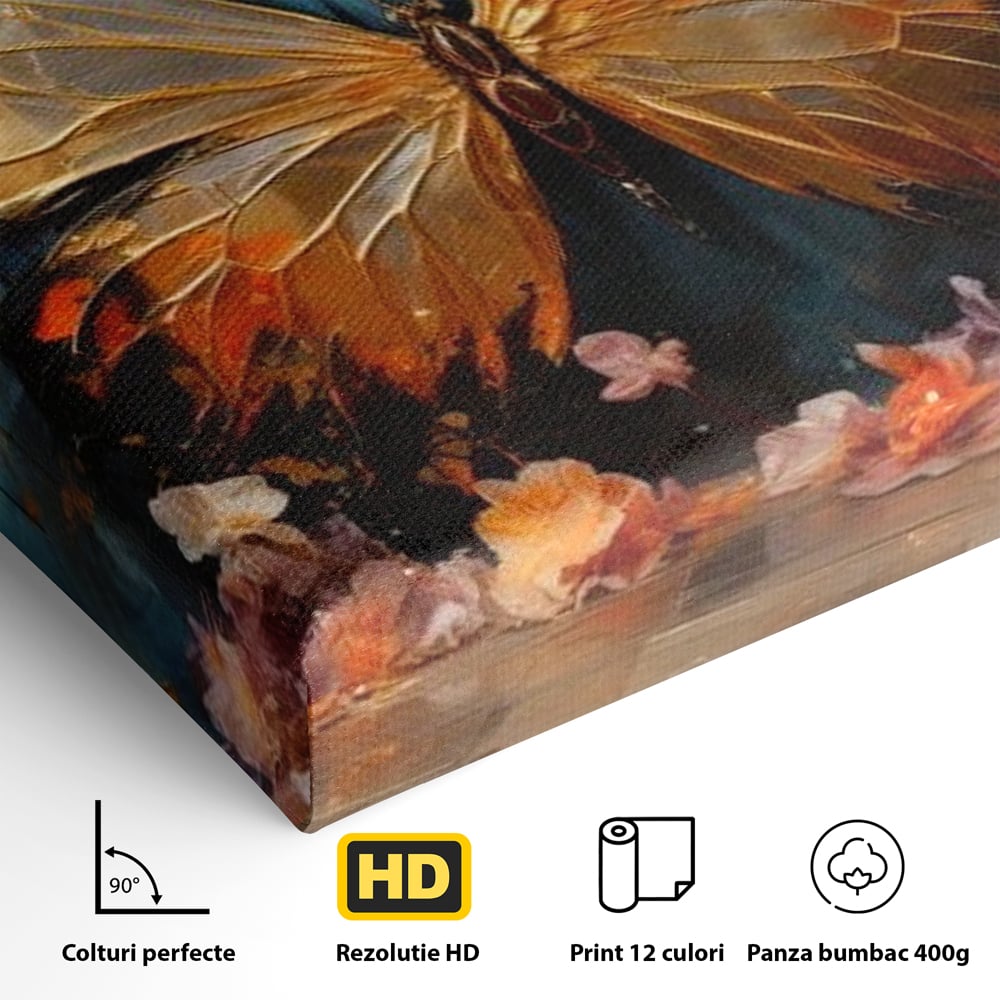 Tablou Canvas Premium, LuxCanva® M1129, Zbor Incandescent, Fluture, Aripi, Flori, Petale, Cupru, Auriu, Modern, Abstract, Tablou, Insecta, Pictura, Luciu, Birou, Living, Camera Copil