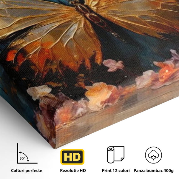 Tablou Canvas Premium, LuxCanva® M1129, Zbor Incandescent, Fluture, Aripi, Flori, Petale, Cupru, Auriu, Modern, Abstract, Tablou, Insecta, Pictura, Luciu, Birou, Living, Camera Copil