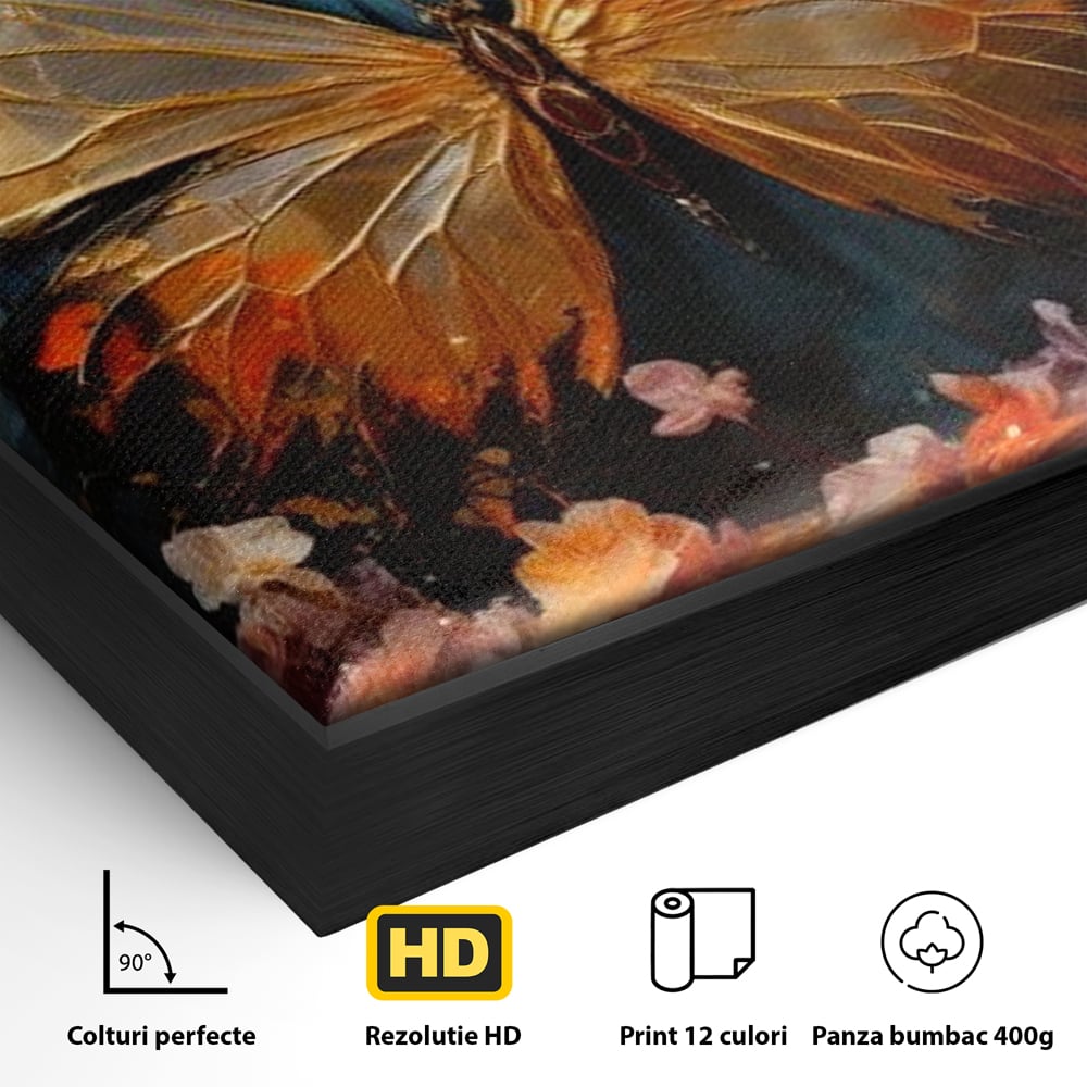 Tablou Canvas Premium, LuxCanva® M1129, Zbor Incandescent, Fluture, Aripi, Flori, Petale, Cupru, Auriu, Modern, Abstract, Tablou, Insecta, Pictura, Luciu, Birou, Living, Camera Copil