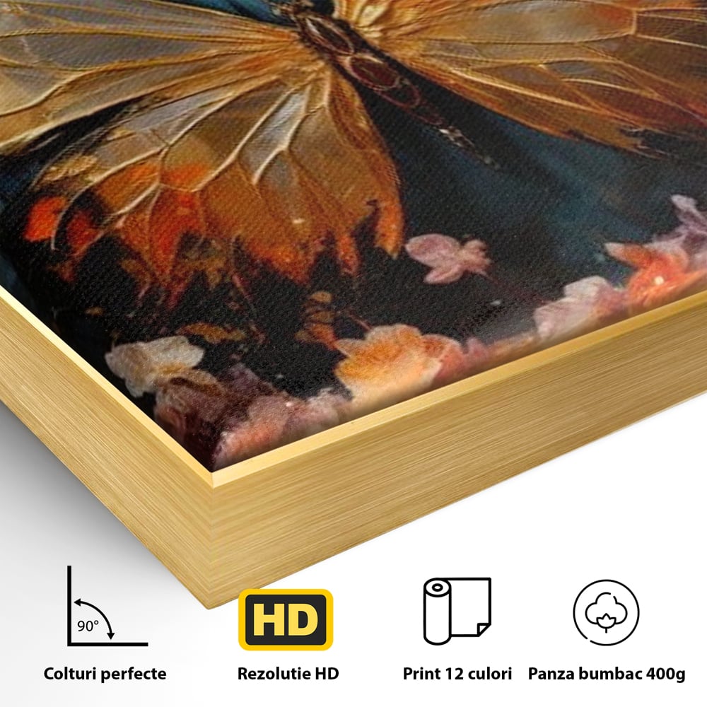 Tablou Canvas Premium, LuxCanva® M1129, Zbor Incandescent, Fluture, Aripi, Flori, Petale, Cupru, Auriu, Modern, Abstract, Tablou, Insecta, Pictura, Luciu, Birou, Living, Camera Copil