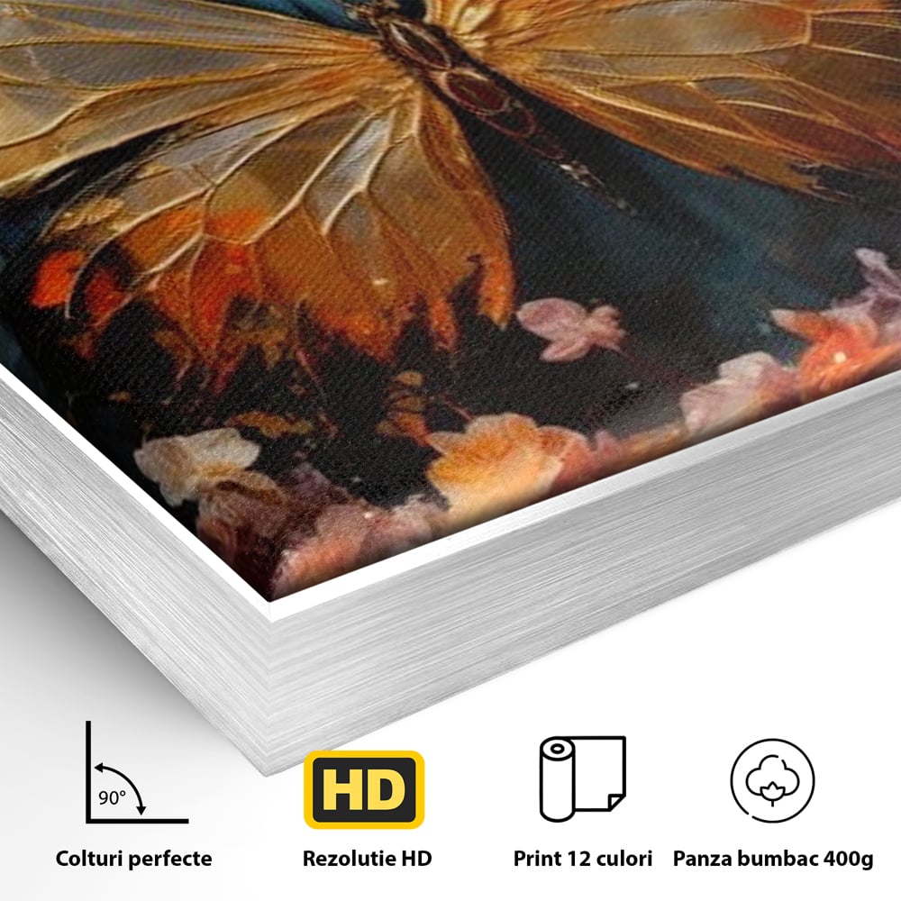 Tablou Canvas Premium, LuxCanva® M1129, Zbor Incandescent, Fluture, Aripi, Flori, Petale, Cupru, Auriu, Modern, Abstract, Tablou, Insecta, Pictura, Luciu, Birou, Living, Camera Copil