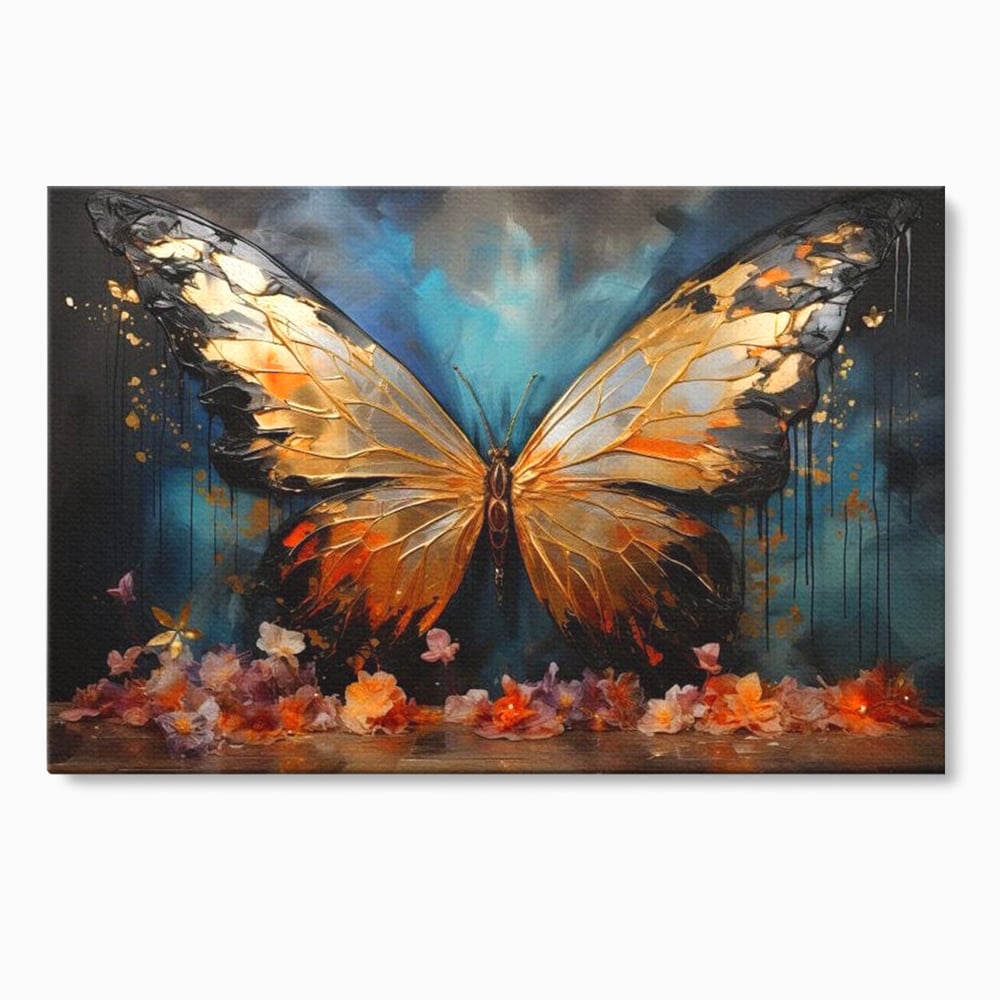 Tablou Canvas Premium, LuxCanva® M1129, Zbor Incandescent, Fluture, Aripi, Flori, Petale, Cupru, Auriu, Modern, Abstract, Tablou, Insecta, Pictura, Luciu, Birou, Living, Camera Copil