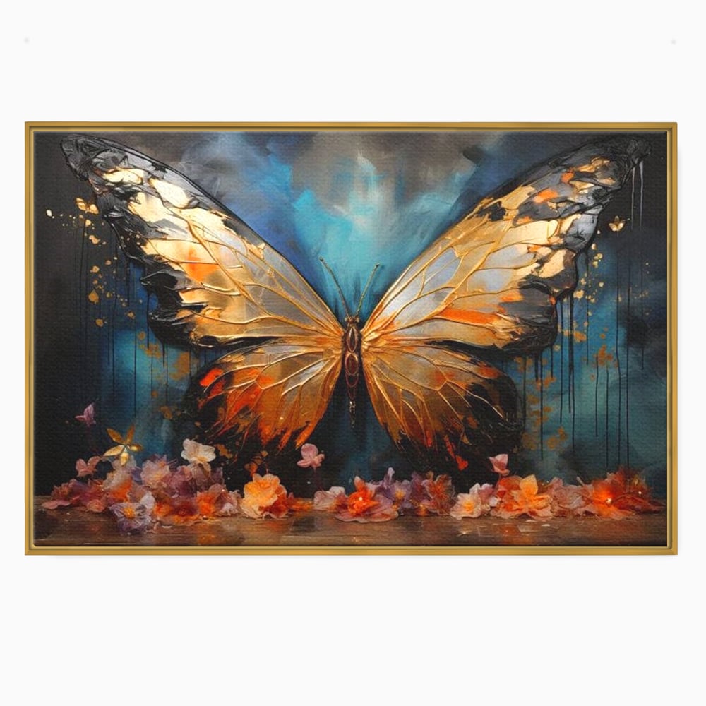 Tablou Canvas Premium, LuxCanva® M1129, Zbor Incandescent, Fluture, Aripi, Flori, Petale, Cupru, Auriu, Modern, Abstract, Tablou, Insecta, Pictura, Luciu, Birou, Living, Camera Copil