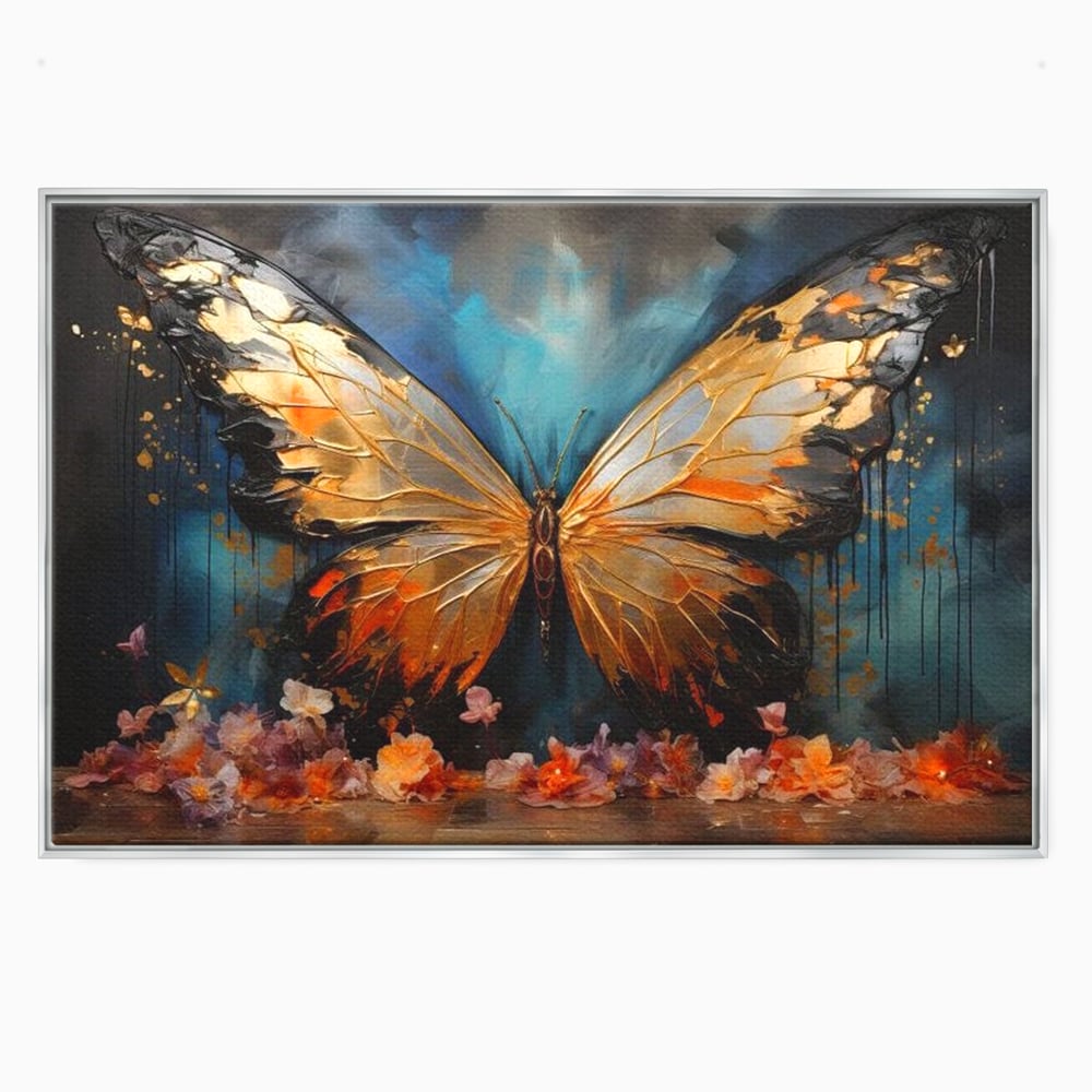 Tablou Canvas Premium, LuxCanva® M1129, Zbor Incandescent, Fluture, Aripi, Flori, Petale, Cupru, Auriu, Modern, Abstract, Tablou, Insecta, Pictura, Luciu, Birou, Living, Camera Copil