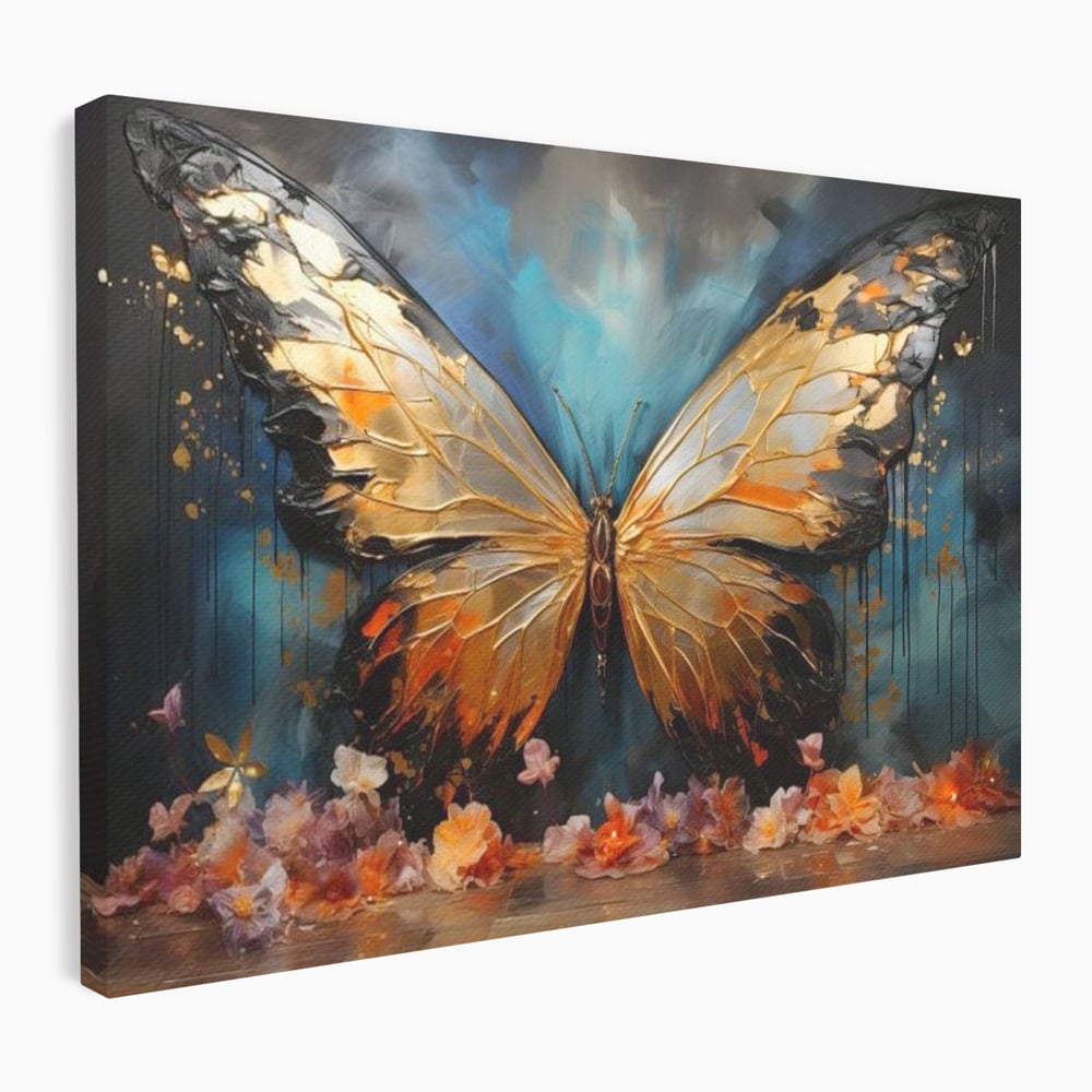 Tablou Canvas Premium, LuxCanva® M1129, Zbor Incandescent, Fluture, Aripi, Flori, Petale, Cupru, Auriu, Modern, Abstract, Tablou, Insecta, Pictura, Luciu, Birou, Living, Camera Copil