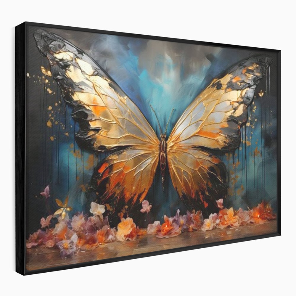 Tablou Canvas Premium, LuxCanva® M1129, Zbor Incandescent, Fluture, Aripi, Flori, Petale, Cupru, Auriu, Modern, Abstract, Tablou, Insecta, Pictura, Luciu, Birou, Living, Camera Copil