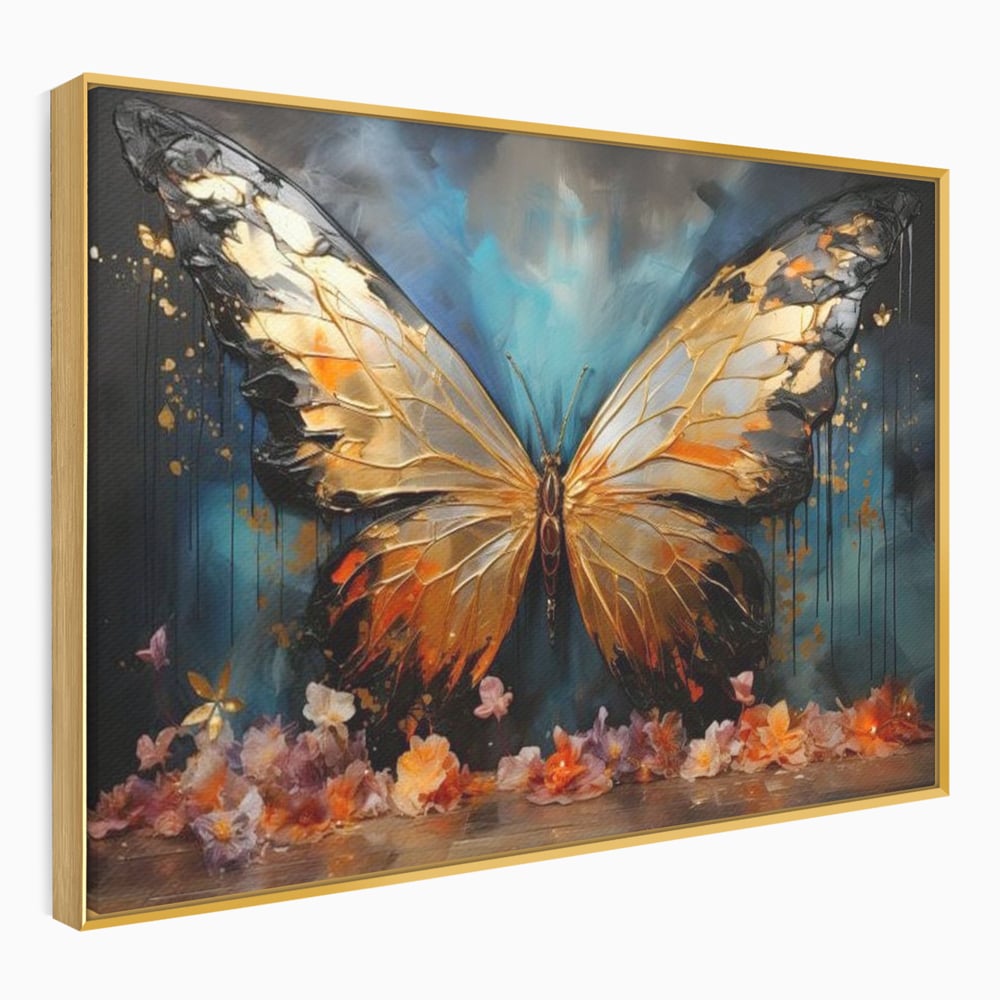Tablou Canvas Premium, LuxCanva® M1129, Zbor Incandescent, Fluture, Aripi, Flori, Petale, Cupru, Auriu, Modern, Abstract, Tablou, Insecta, Pictura, Luciu, Birou, Living, Camera Copil