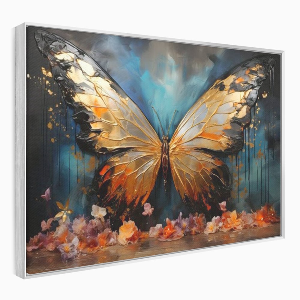 Tablou Canvas Premium, LuxCanva® M1129, Zbor Incandescent, Fluture, Aripi, Flori, Petale, Cupru, Auriu, Modern, Abstract, Tablou, Insecta, Pictura, Luciu, Birou, Living, Camera Copil