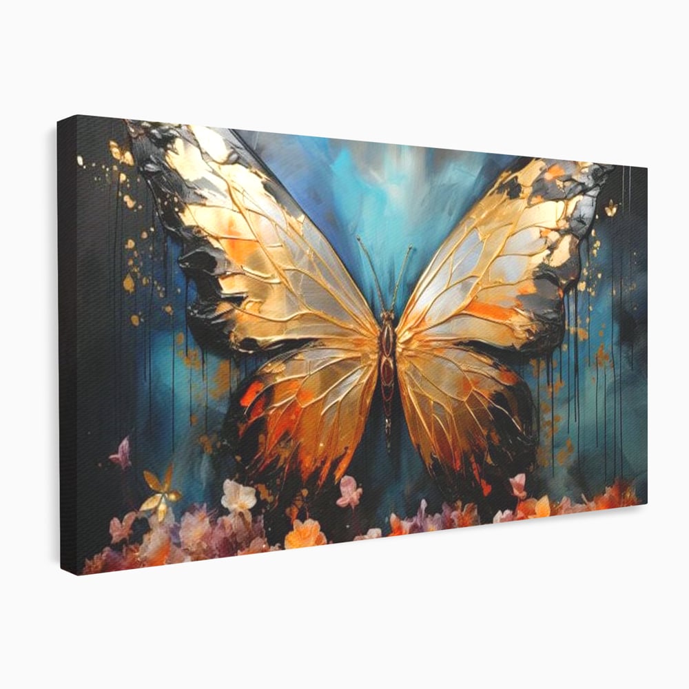 Tablou Canvas Premium, LuxCanva® M1129, Zbor Incandescent, Fluture, Aripi, Flori, Petale, Cupru, Auriu, Modern, Abstract, Tablou, Insecta, Pictura, Luciu, Birou, Living, Camera Copil