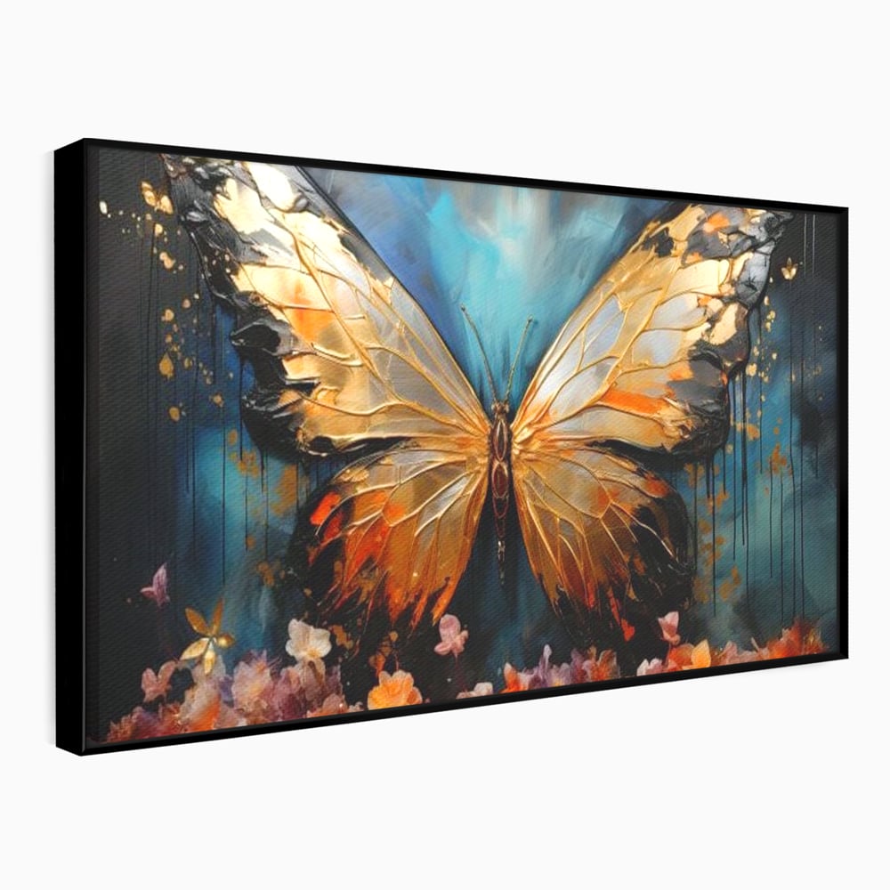 Tablou Canvas Premium, LuxCanva® M1129, Zbor Incandescent, Fluture, Aripi, Flori, Petale, Cupru, Auriu, Modern, Abstract, Tablou, Insecta, Pictura, Luciu, Birou, Living, Camera Copil