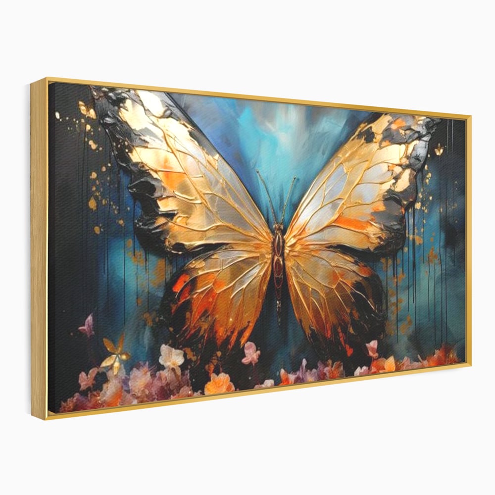 Tablou Canvas Premium, LuxCanva® M1129, Zbor Incandescent, Fluture, Aripi, Flori, Petale, Cupru, Auriu, Modern, Abstract, Tablou, Insecta, Pictura, Luciu, Birou, Living, Camera Copil