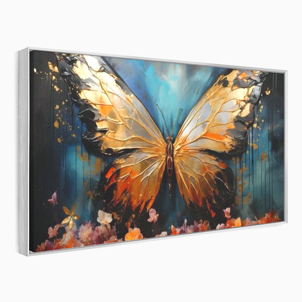 Tablou Canvas Premium, LuxCanva® M1129, Zbor Incandescent, Fluture, Aripi, Flori, Petale, Cupru, Auriu, Modern, Abstract, Tablou, Insecta, Pictura, Luciu, Birou, Living, Camera Copil