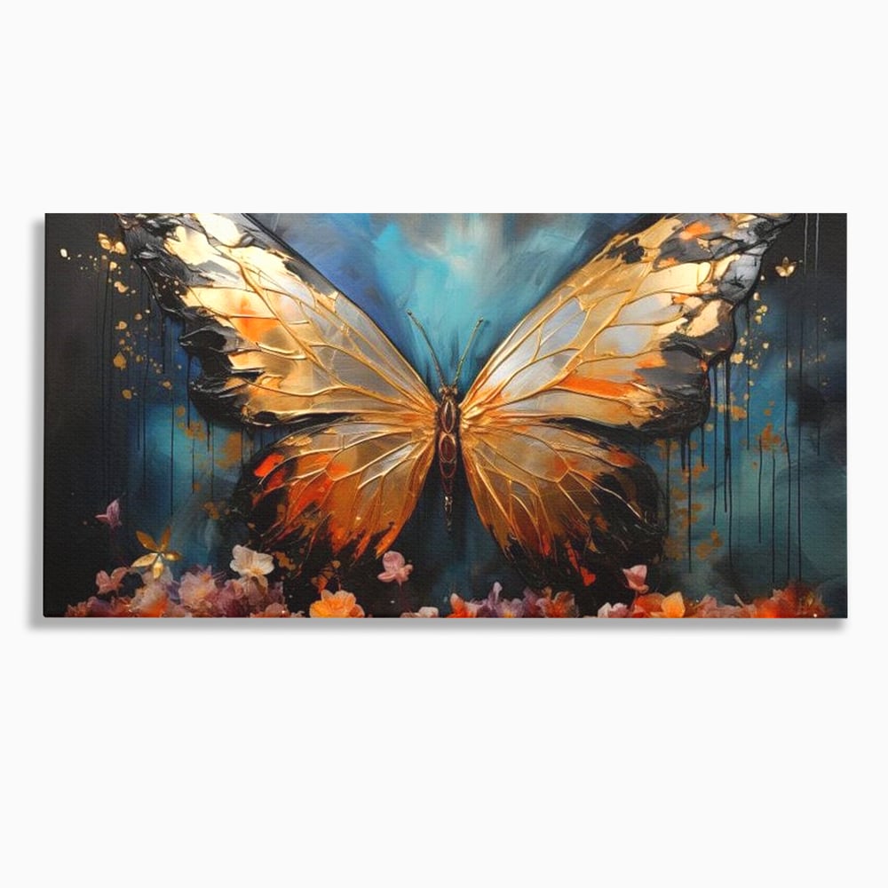 Tablou Canvas Premium, LuxCanva® M1129, Zbor Incandescent, Fluture, Aripi, Flori, Petale, Cupru, Auriu, Modern, Abstract, Tablou, Insecta, Pictura, Luciu, Birou, Living, Camera Copil