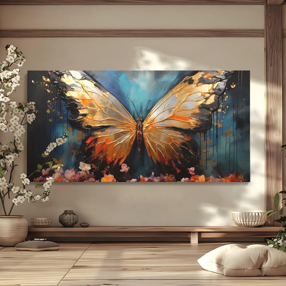 Tablou Canvas Premium, LuxCanva® M1129, Zbor Incandescent, Fluture, Aripi, Flori, Petale, Cupru, Auriu, Modern, Abstract, Tablou, Insecta, Pictura, Luciu, Birou, Living, Camera Copil