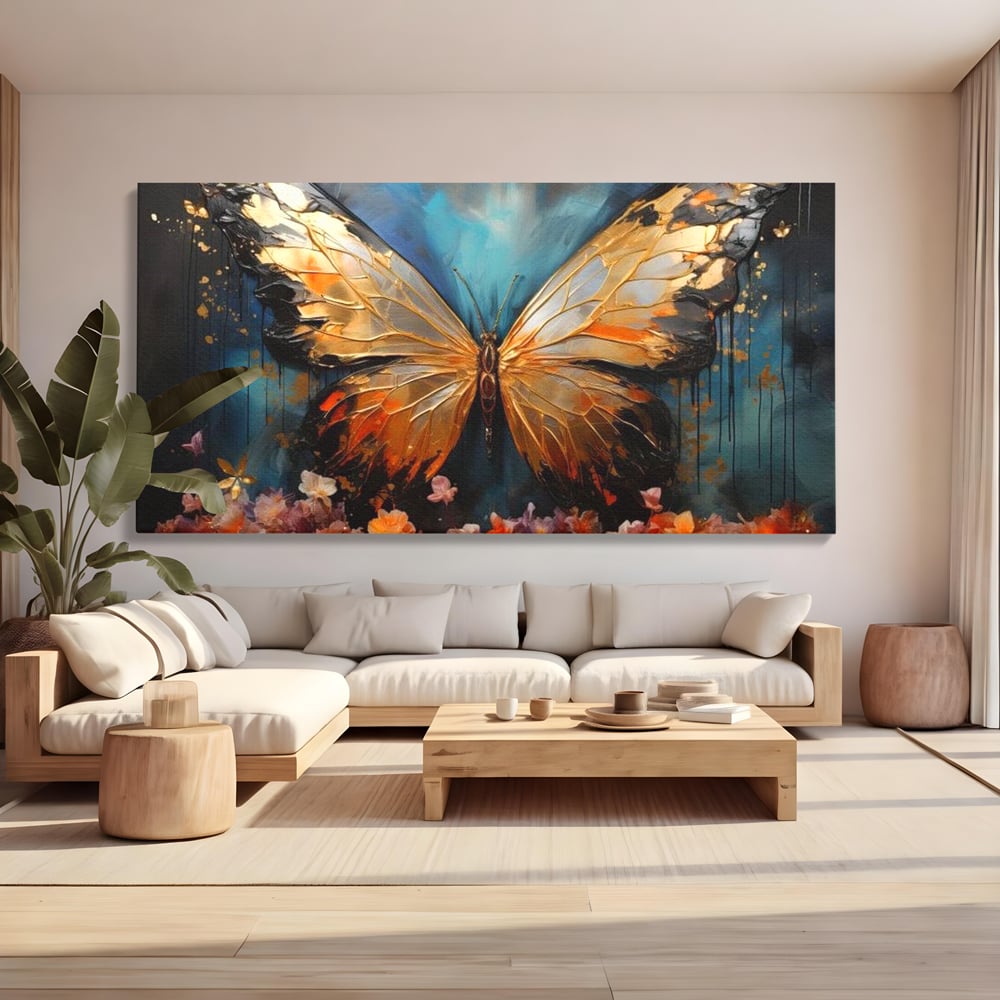 Tablou Canvas Premium, LuxCanva® M1129, Zbor Incandescent, Fluture, Aripi, Flori, Petale, Cupru, Auriu, Modern, Abstract, Tablou, Insecta, Pictura, Luciu, Birou, Living, Camera Copil