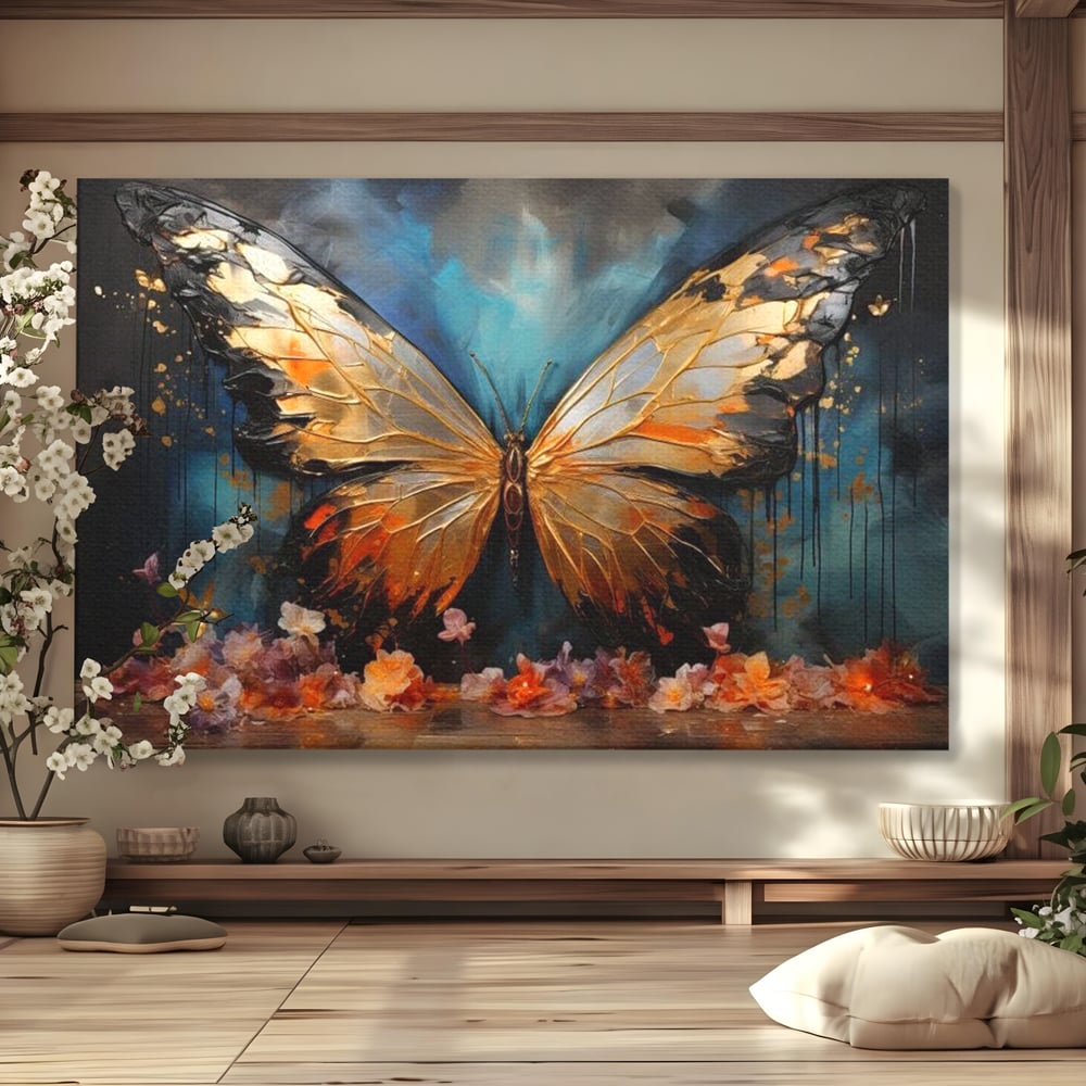 Tablou Canvas Premium, LuxCanva® M1129, Zbor Incandescent, Fluture, Aripi, Flori, Petale, Cupru, Auriu, Modern, Abstract, Tablou, Insecta, Pictura, Luciu, Birou, Living, Camera Copil