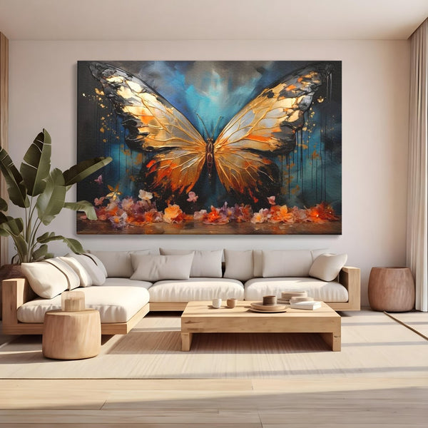 Tablou Canvas Premium, LuxCanva® M1129, Zbor Incandescent, Fluture, Aripi, Flori, Petale, Cupru, Auriu, Modern, Abstract, Tablou, Insecta, Pictura, Luciu, Birou, Living, Camera Copil