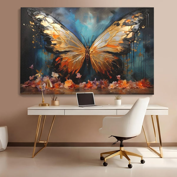 Tablou Canvas Premium, LuxCanva® M1129, Zbor Incandescent, Fluture, Aripi, Flori, Petale, Cupru, Auriu, Modern, Abstract, Tablou, Insecta, Pictura, Luciu, Birou, Living, Camera Copil