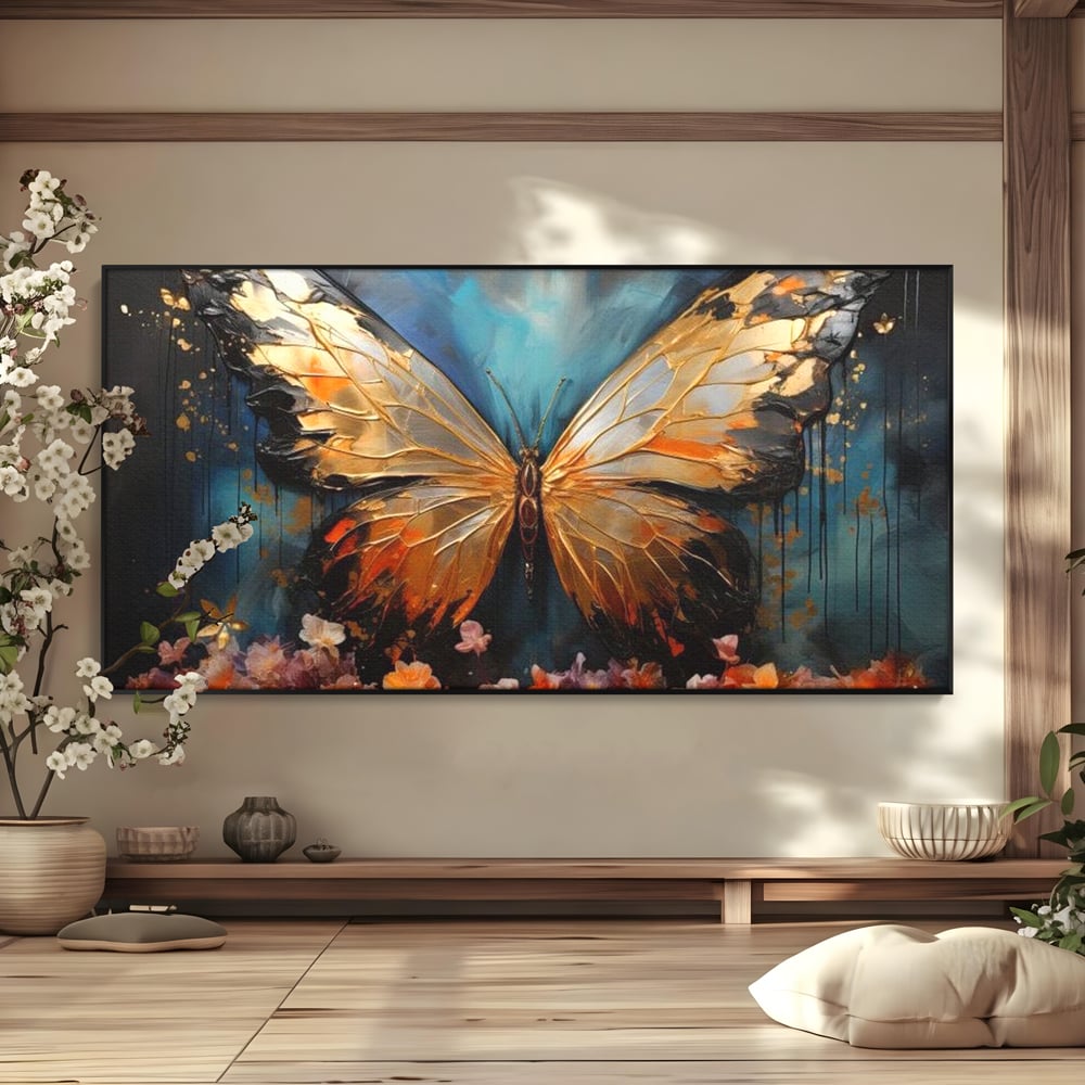 Tablou Canvas Premium, LuxCanva® M1129, Zbor Incandescent, Fluture, Aripi, Flori, Petale, Cupru, Auriu, Modern, Abstract, Tablou, Insecta, Pictura, Luciu, Birou, Living, Camera Copil