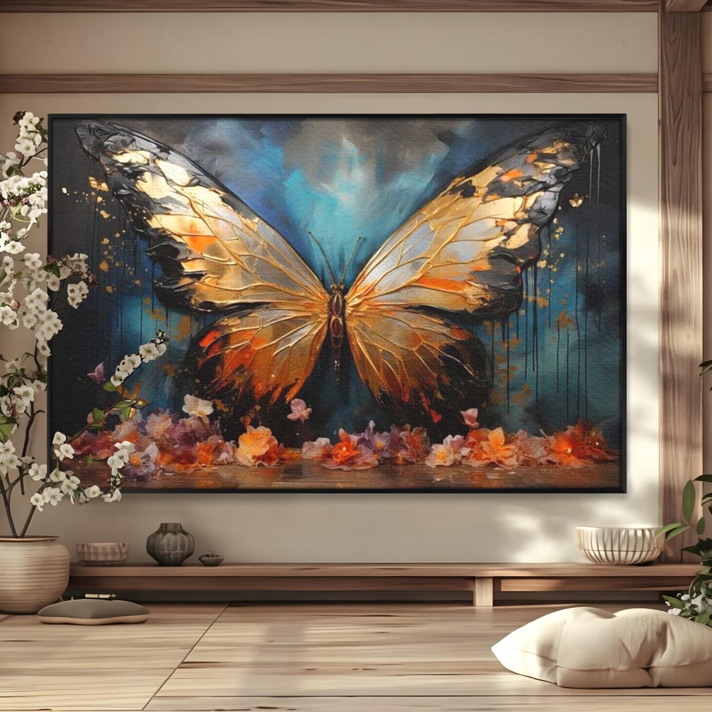 Tablou Canvas Premium, LuxCanva® M1129, Zbor Incandescent, Fluture, Aripi, Flori, Petale, Cupru, Auriu, Modern, Abstract, Tablou, Insecta, Pictura, Luciu, Birou, Living, Camera Copil