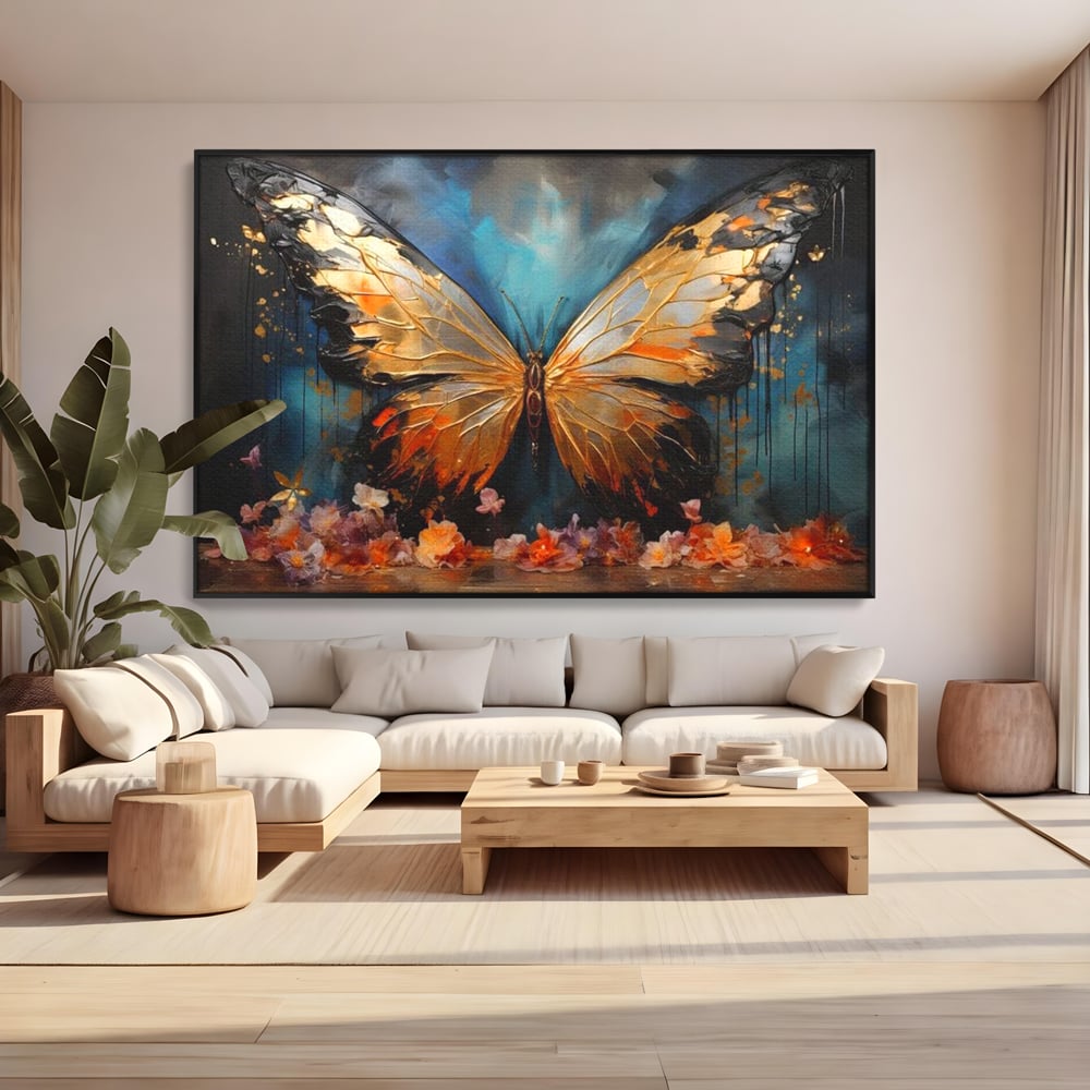 Tablou Canvas Premium, LuxCanva® M1129, Zbor Incandescent, Fluture, Aripi, Flori, Petale, Cupru, Auriu, Modern, Abstract, Tablou, Insecta, Pictura, Luciu, Birou, Living, Camera Copil