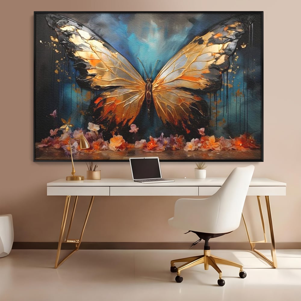 Tablou Canvas Premium, LuxCanva® M1129, Zbor Incandescent, Fluture, Aripi, Flori, Petale, Cupru, Auriu, Modern, Abstract, Tablou, Insecta, Pictura, Luciu, Birou, Living, Camera Copil