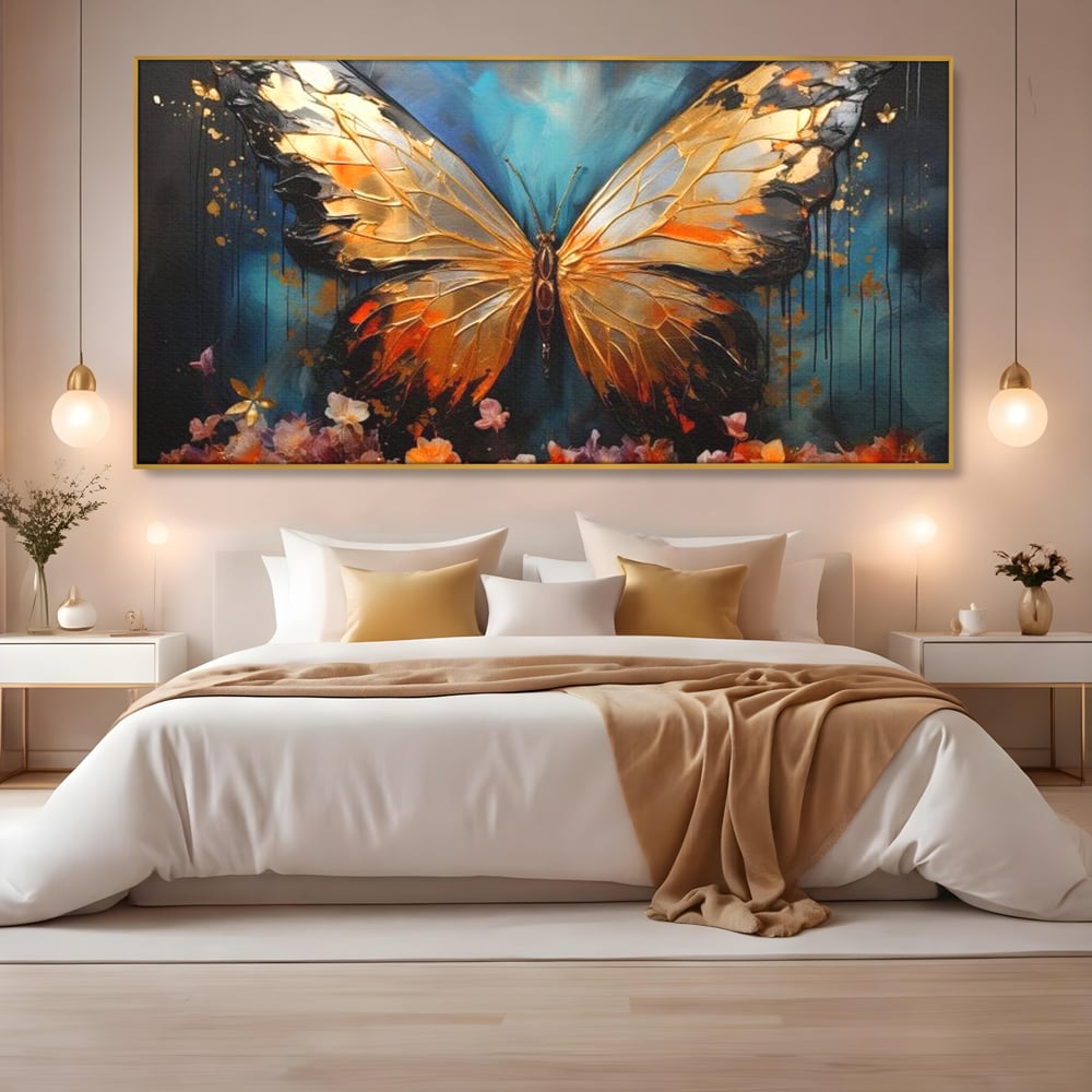 Tablou Canvas Premium, LuxCanva® M1129, Zbor Incandescent, Fluture, Aripi, Flori, Petale, Cupru, Auriu, Modern, Abstract, Tablou, Insecta, Pictura, Luciu, Birou, Living, Camera Copil
