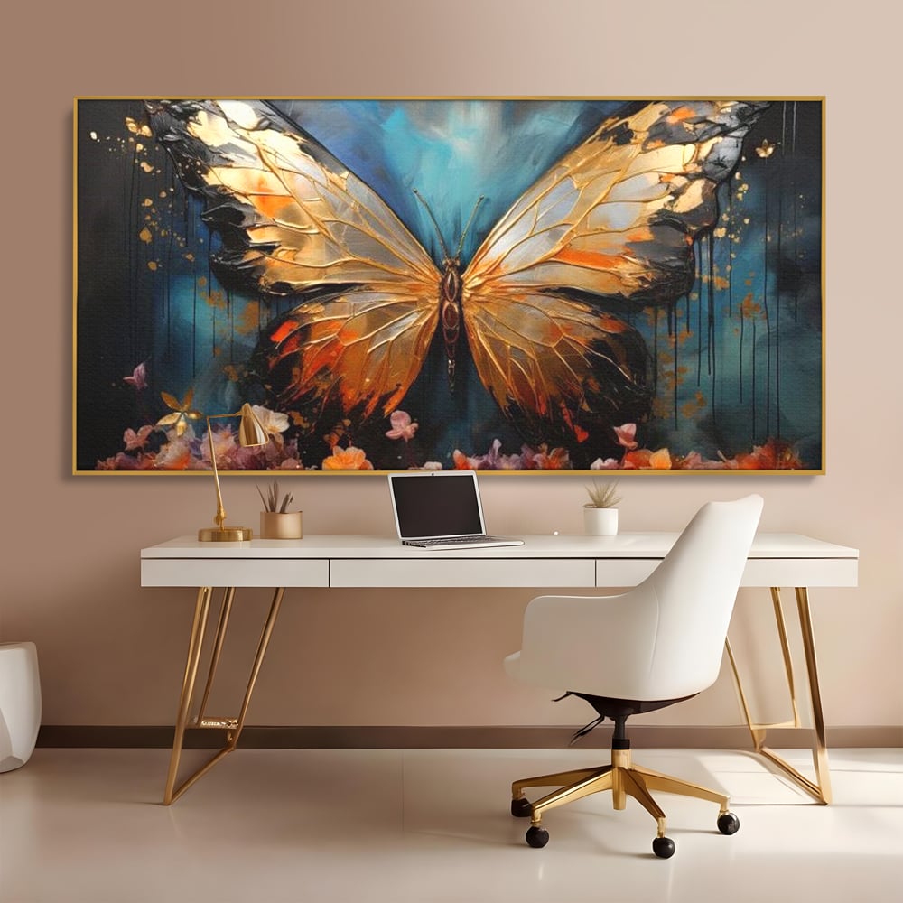 Tablou Canvas Premium, LuxCanva® M1129, Zbor Incandescent, Fluture, Aripi, Flori, Petale, Cupru, Auriu, Modern, Abstract, Tablou, Insecta, Pictura, Luciu, Birou, Living, Camera Copil