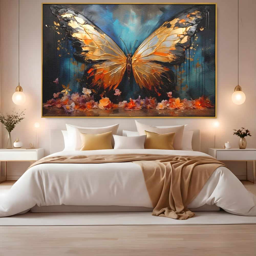 Tablou Canvas Premium, LuxCanva® M1129, Zbor Incandescent, Fluture, Aripi, Flori, Petale, Cupru, Auriu, Modern, Abstract, Tablou, Insecta, Pictura, Luciu, Birou, Living, Camera Copil