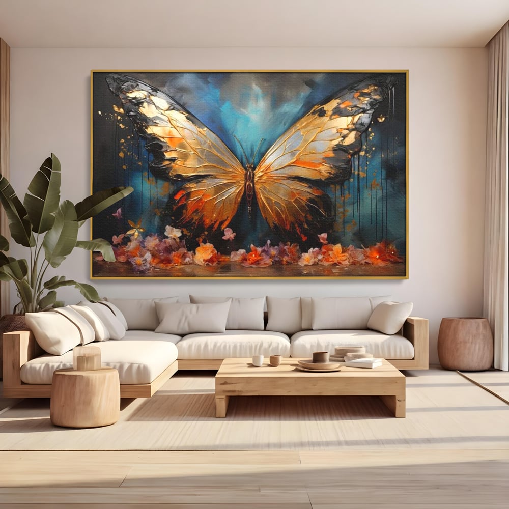 Tablou Canvas Premium, LuxCanva® M1129, Zbor Incandescent, Fluture, Aripi, Flori, Petale, Cupru, Auriu, Modern, Abstract, Tablou, Insecta, Pictura, Luciu, Birou, Living, Camera Copil