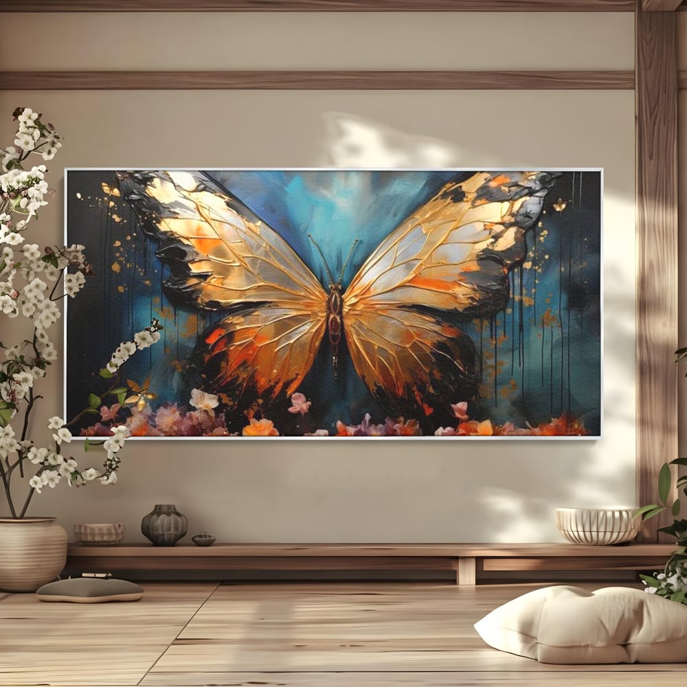 Tablou Canvas Premium, LuxCanva® M1129, Zbor Incandescent, Fluture, Aripi, Flori, Petale, Cupru, Auriu, Modern, Abstract, Tablou, Insecta, Pictura, Luciu, Birou, Living, Camera Copil