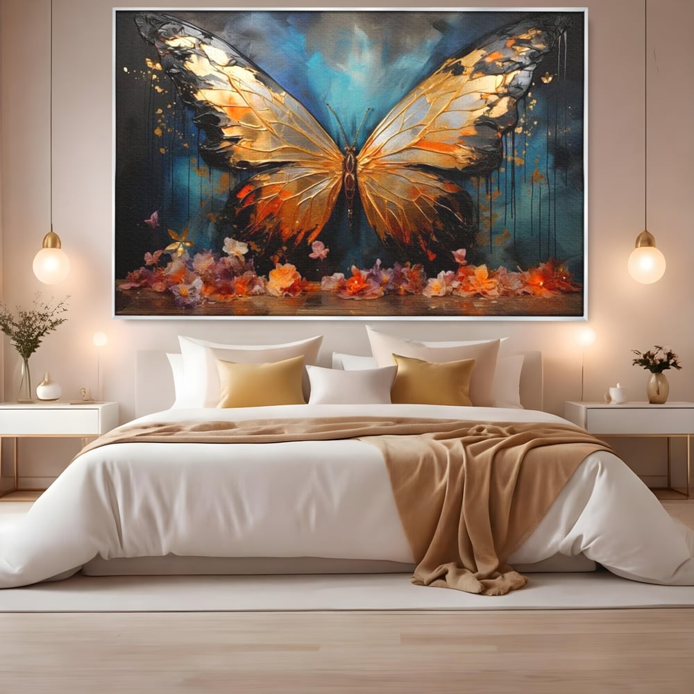 Tablou Canvas Premium, LuxCanva® M1129, Zbor Incandescent, Fluture, Aripi, Flori, Petale, Cupru, Auriu, Modern, Abstract, Tablou, Insecta, Pictura, Luciu, Birou, Living, Camera Copil