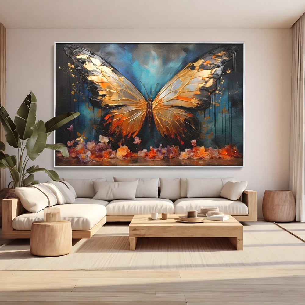 Tablou Canvas Premium, LuxCanva® M1129, Zbor Incandescent, Fluture, Aripi, Flori, Petale, Cupru, Auriu, Modern, Abstract, Tablou, Insecta, Pictura, Luciu, Birou, Living, Camera Copil