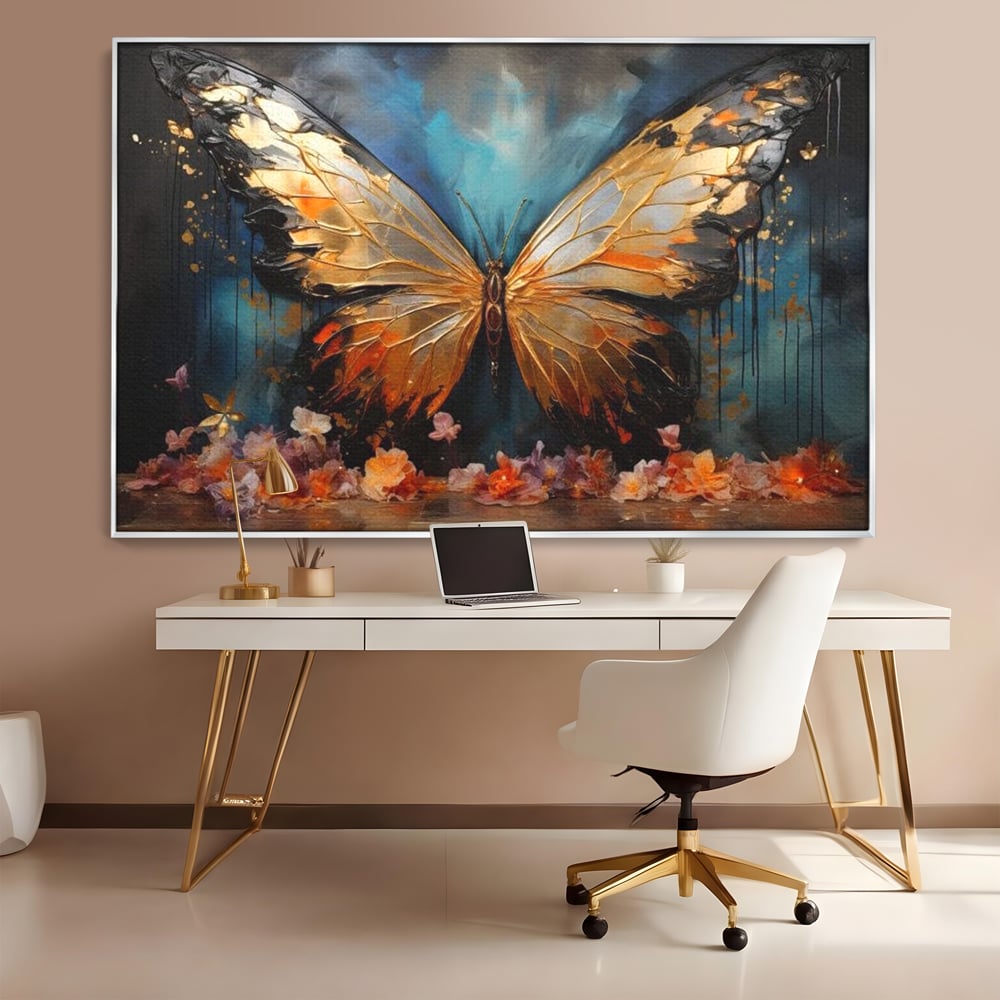 Tablou Canvas Premium, LuxCanva® M1129, Zbor Incandescent, Fluture, Aripi, Flori, Petale, Cupru, Auriu, Modern, Abstract, Tablou, Insecta, Pictura, Luciu, Birou, Living, Camera Copil