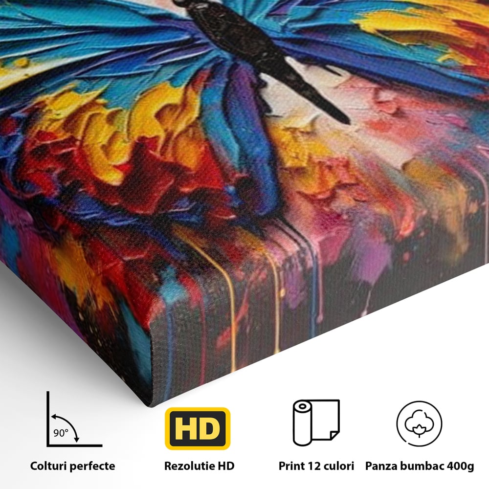 Tablou Canvas Premium, LuxCanva® M1131, Stapanul Paletei de Culori, Pictura, Stropi, Culori Vibrante, Fluture, Aripi, Insecta, Textura, Policrom, Abstract, Contrast, Birou, Living, Camera Copil